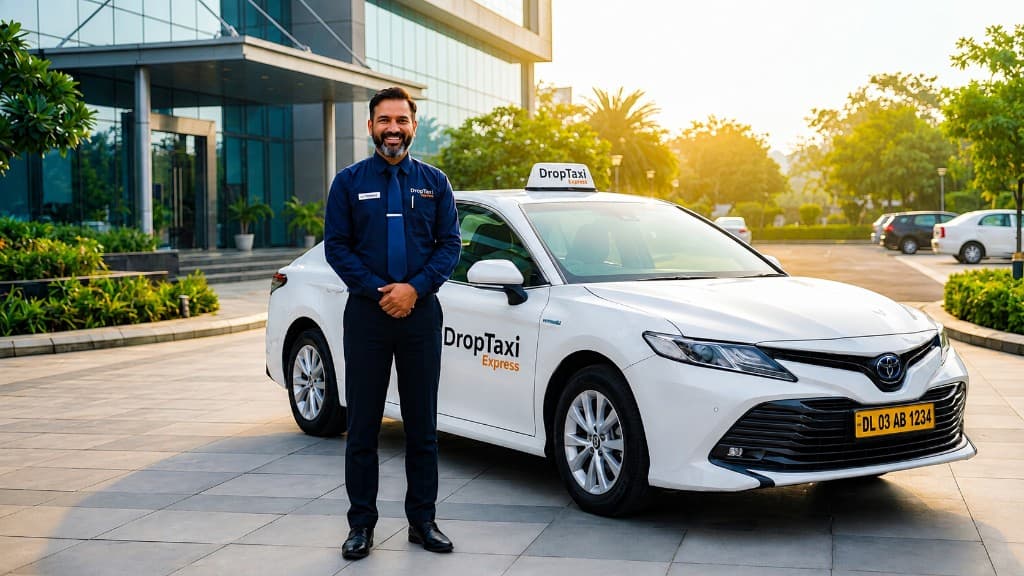 Professional taxi driver standing next to a modern white sedan