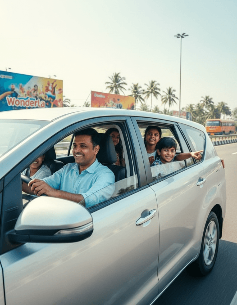 Family traveling comfortably in taxi